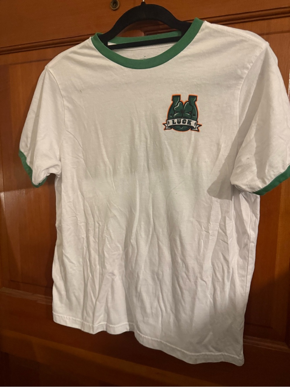 White Ringer Tee with Green Trim and 'Luck' Emblem - Men's Short Sleeve